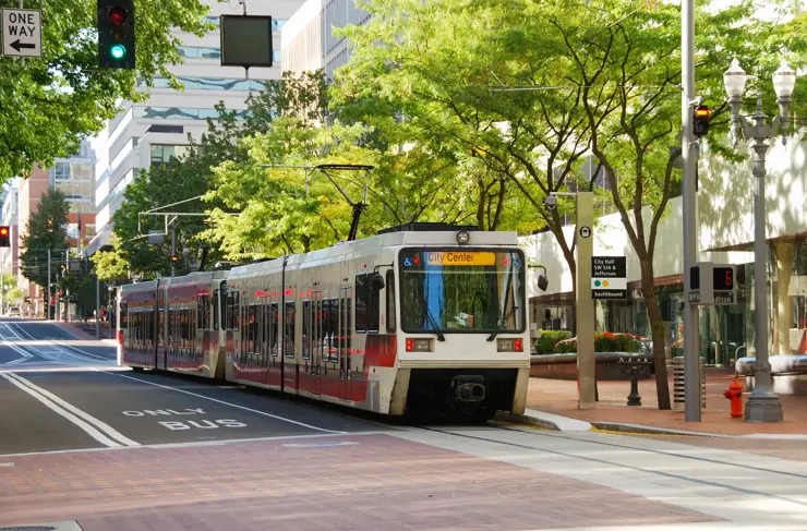 Mass transit train in downtown Portland Oregon