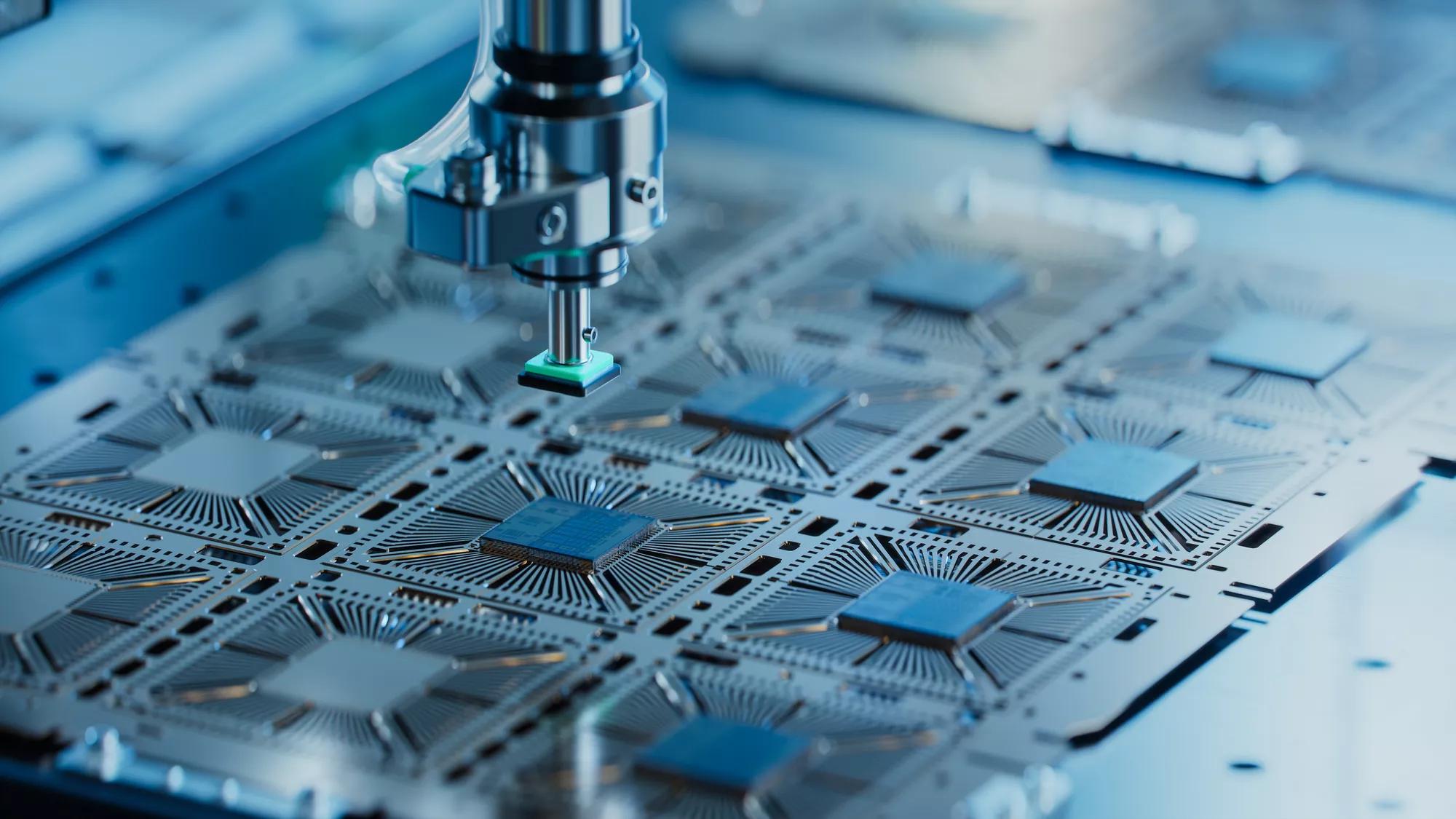 Close-up of Silicon Die are being Extracted from Semiconductor Wafer and Attached to Substrate by Pick and Place Machine. Computer Chip Manufacturing at Fab. Semiconductor Packaging Process.