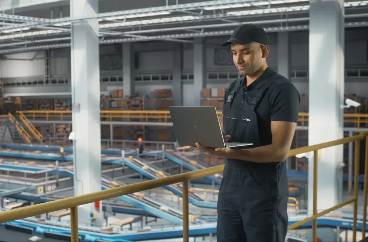 Logistics Transportation Warehouse Facility: Male Associate Worker Uses Laptop, Monitors Facility Automated Operations. Conveyor Loading Product Boxes for Online Shoppping Order Shipment to Customers