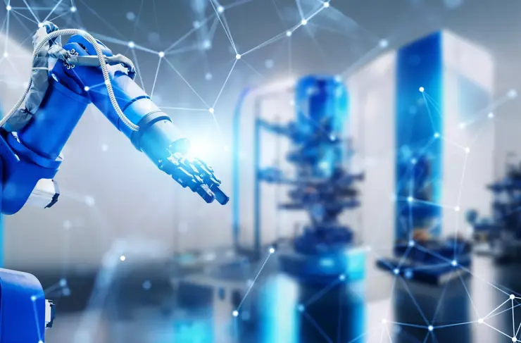 Bras robotisé d’usine et réseau de communication. Automatisation d'usine. IdO.