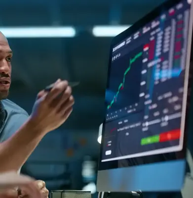 Business people, computer screen and finance with stock market, teamwork or connection with internet, network or savings. Graphs, man or woman with a pc, digital app or fintech with trading or charts