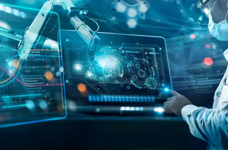 Soins de santé et médecine, Virus, Les médecins et la robotique diagnostiquent des poumons humains virtuels avec le virus propagé à l’intérieur sur un écran d’interface moderne en laboratoire, Innovation et technologie médicale.