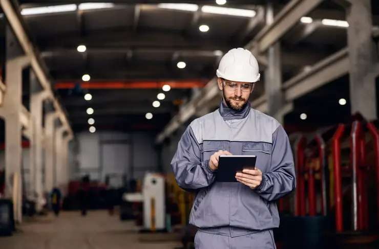 Un ouvrier en tenue de travail, debout dans l'usine, tape sur sa tablette.