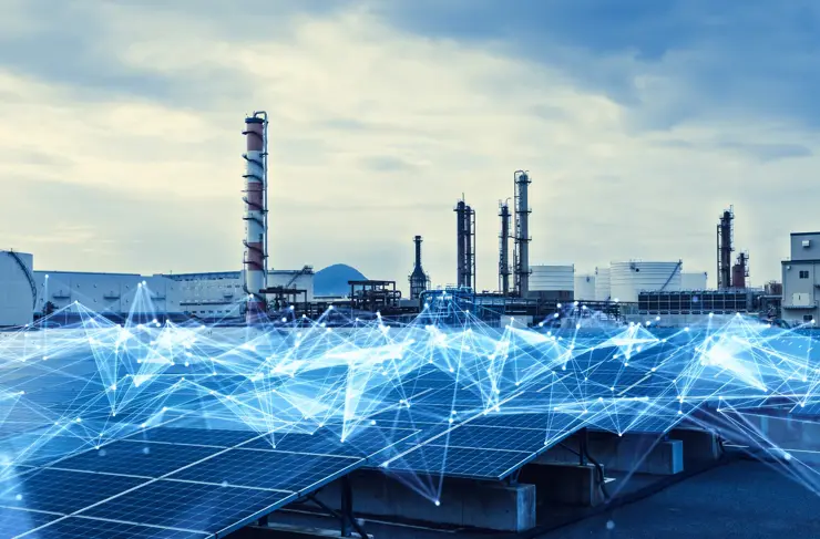 complexe industriel avec lignes lumineuses numériques