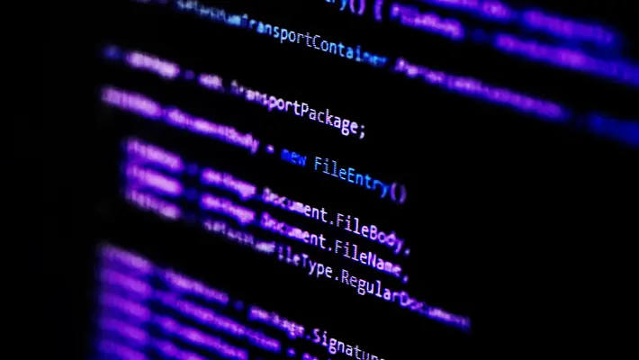 Information technology concept. Coding programmer language script text on screen monitor display. Programmer occupation job. Selective focus