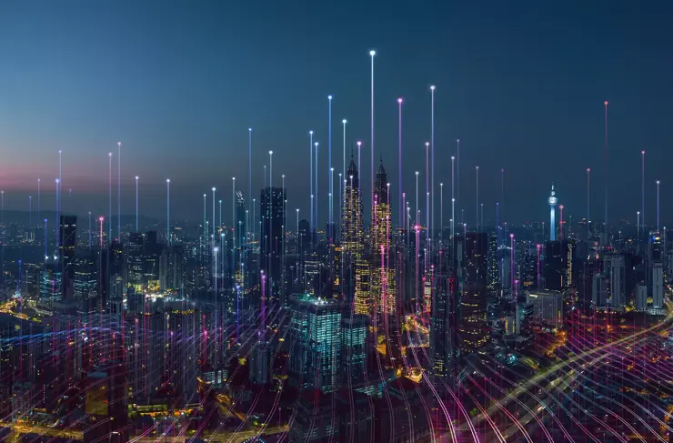 Ville intelligente et point abstrait reliés par une ligne de gradient et un design esthétique de ligne de vague complexe, concept de technologie de connexion Big Data.